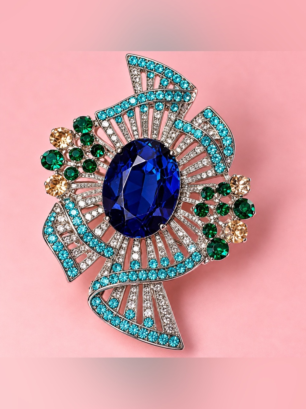 Blue Crystal Statement Brooch with Teal and Emerald Accents